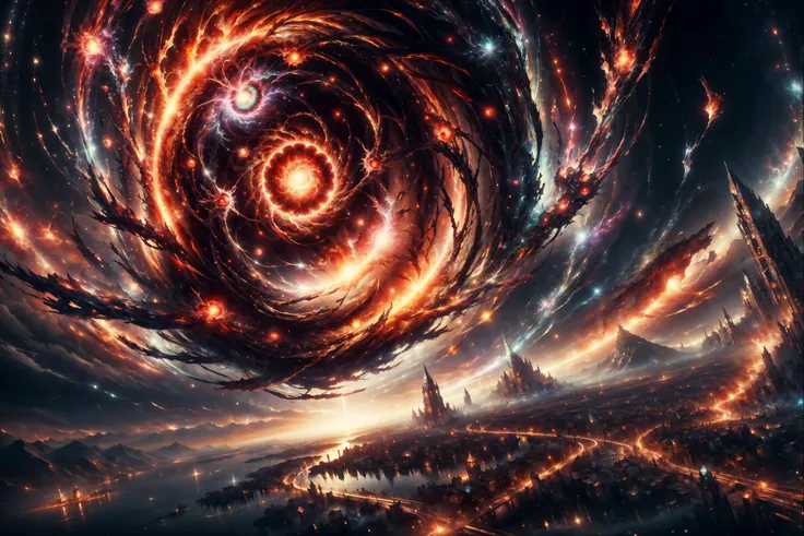 <lora:ExplosionMagic-20:0.8> explosionmagic , (style-swirlmagic:0.6), (masterpiece, best quality, realistic, detailed, crisp:1.2), (very low angle), (landscape, lake), giant eye in the sky, reflective surfaces, desolate city, bright lights, glowing aura, whirlwind,