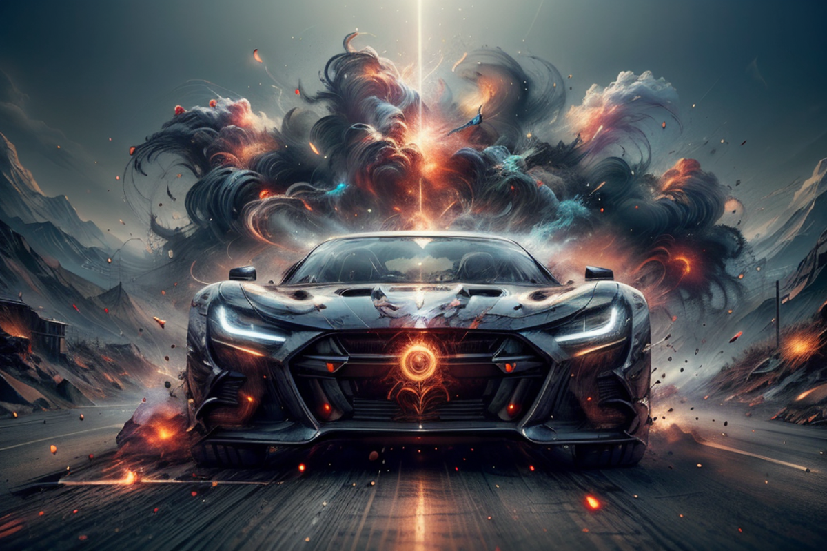 A car with a huge explosion coming out of it - SeaArt AI