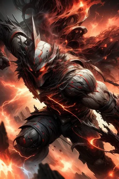 best quality,masterpiece,(1man, muscular adult male:1.2), coral eyes, copper hair, side-swept fringe, portrait, (bloody scars:0.7), looking away, solo, (full body:0.8), detailed background, close up, (evil <lora:ExplosionMagic:0.6>, excessive energy, smoke, glowing aura, explosionmagic theme:1.1), superhero, focusing, fighting stance, urban battle scene, skyscrapers, running, cars, steel beams, building frame, flames, battle scene, cinematic atmosphere,,