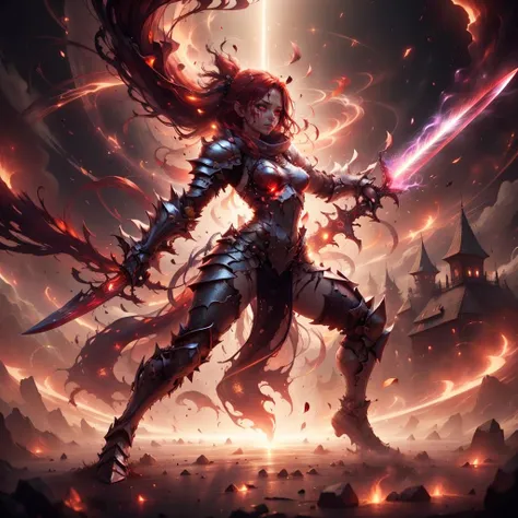 <lora:ExplosionMagic-20:0.8>, explosionmagic ,   smoke, glowing aura ,   excessive energy,    1girl, red hair, red eyes, glowing eyes, 
fantasy, dissolving, wrath, full body, female, (knight:1.1) , enchanted armor , enchanted sword ,