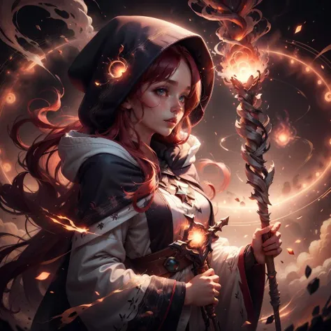 In the middle of a mystical forest shrouded in illusion, A captivating witch with red hair dances gracefully, manipulando chamas que parecem se materializar do nada. Her fire dress spins and flickers with mesmerizing patterns as she weaves an intricate dance of fire and illusion. The forest comes alive with the magical glow of the flames, creating a charming and fascinating spectacle.