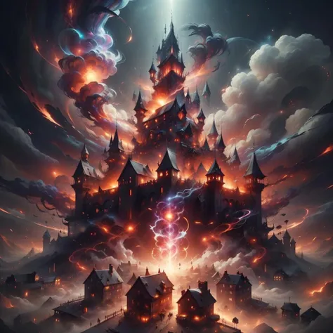 <lora:ExplosionMagic-20:0.8>, explosionmagic ,   smoke, glowing aura ,   excessive energy,    
 runes, kingdom, buildings, castle , crowded, stores ,