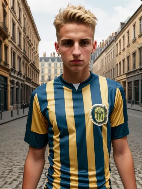 gquality, <lora:rosariocentral-10:1> rc, vertically striped shirt, 1boy, street, building, piercing, blonde hair
