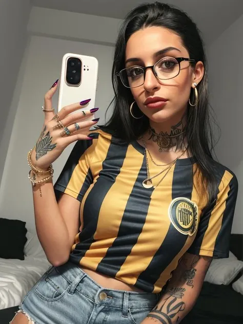 gquality, <lora:rosariocentral-10:1> rc, 1girl, solo, vertically striped shirt, black hair, blonde hair, jewelry, looking at phone, holding, earrings, tattoo, lips, realistic, multicolored hair, bracelet, phone, glasses, ring, arm tattoo, nail polish, selfie, cellphone, two-tone hair, smartphone, holding phone, white nails, hand tattoo