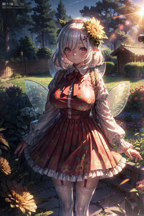 detailed illustration, mature female, pretty face, gigantic breast, hair ornaments, medium hair, sunny day, flowers, posing, nsfw, shy smile, thigh high socks, red eyes, white hair,sun dress, sun hat, floral print, lace, bow, standing, long sleeves, sleeves past wrists, outdoors, rope bridge, soft fairy lights, wild nature, garden, short skirt, skirt lift, cute pink and blue panties print, solo, <lora:Underwear-000006:.7> cinematic lighting, hires, volumetric lighting, masterpiece, <lora:add_detail:0.5> <lora:hairdetailer:0.5>