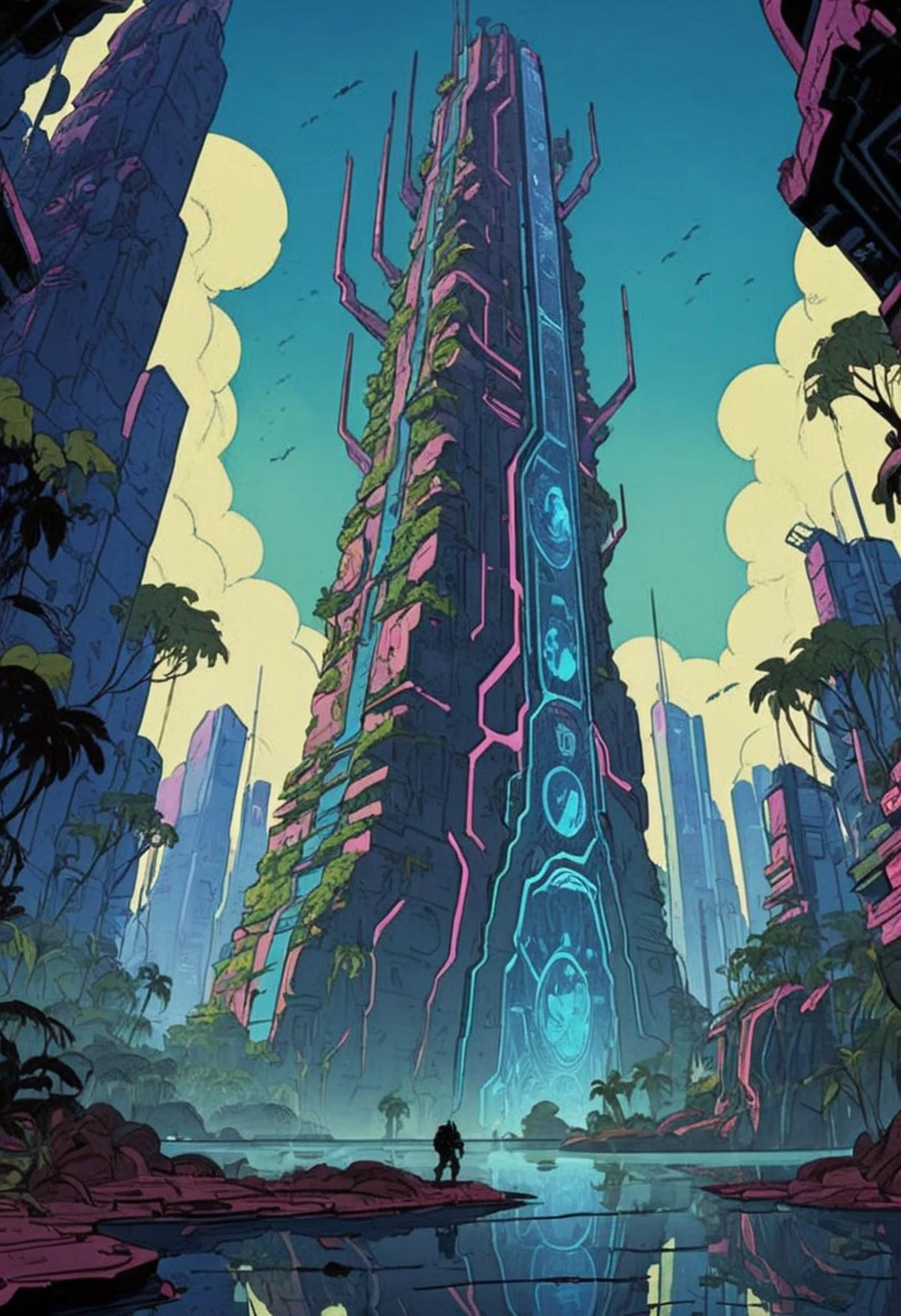 <lora:HeavyMetalStyle-000009:1>,Flat 2D Art,simple flat color,2-dimensional,heavymetalstyle,Flat 2D Art Style,(cyberpunk, A world with unpredictable gravity fluctuations, leading to floating islands and erratic weather patterns., Alien Jungle, Futuristic skyscraper, minotaur:1.1),