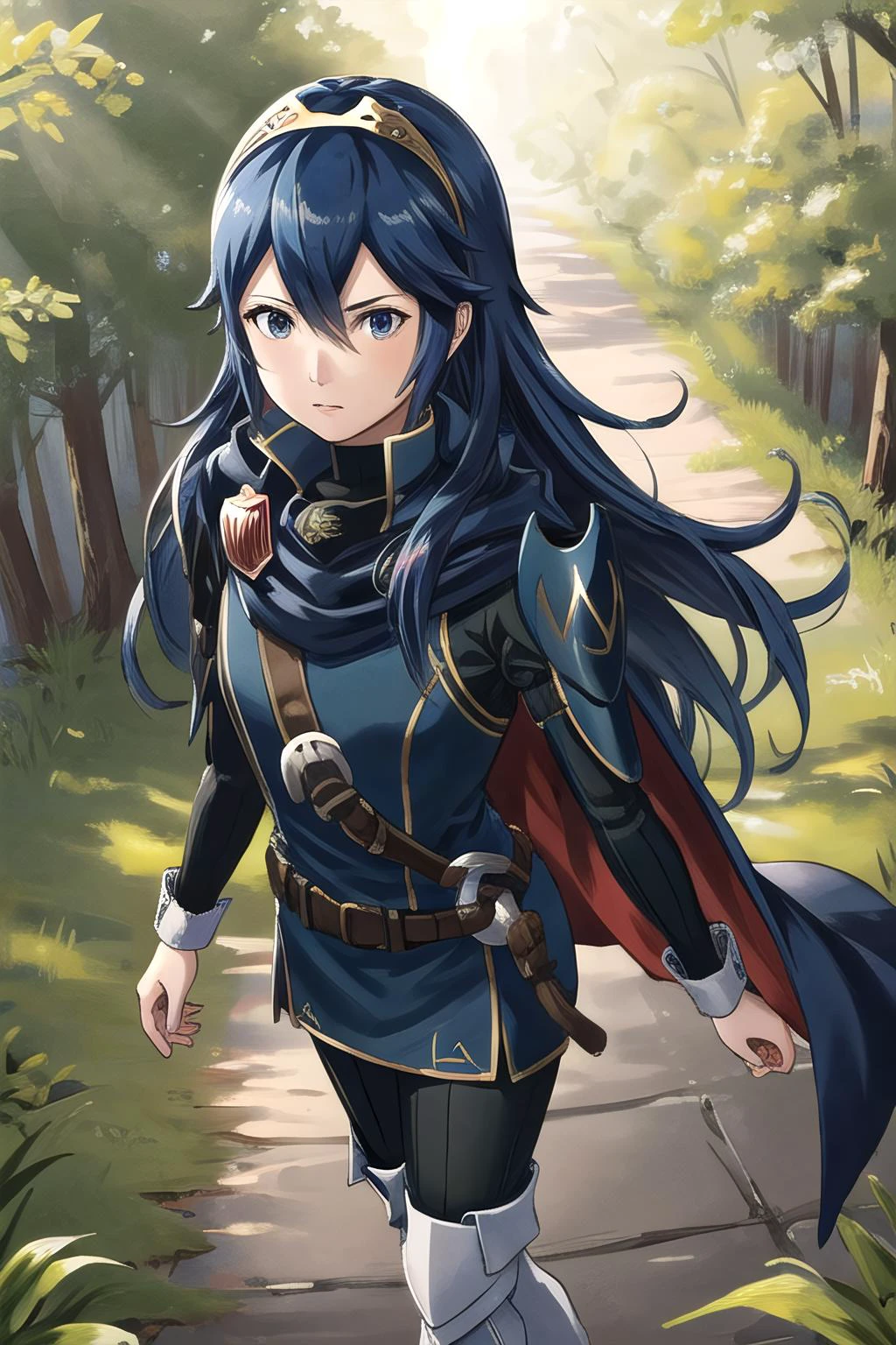<lora:lucina-10:0.8>, lucina fe, 1girl, solo, looking at viewer, forest setting, (serious), thigh boots, leggings, armor, shoulder armor, long sleeves, tiara, cape, belt, cowboy shot, from above