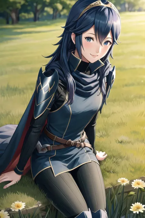 <lora:lucina-10:0.8>, lucina fe, 1girl, solo, looking at viewer, field setting, (light smile), blush, thigh boots, leggings, armor, shoulder armor, long sleeves, tiara, cape, belt, cowboy shot, from above, flowers, sitting