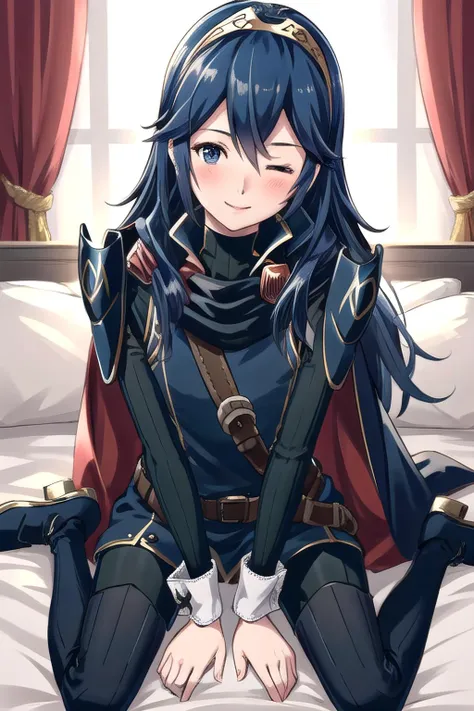 <lora:lucina-10:0.8>, lucina fe, 1girl, solo, looking at viewer, blush, sitting, on bed, seductive smile, thigh boots, leggings, armor, shoulder armor, long sleeves, tiara, cape, belt, wariza, one eye closed, bent over