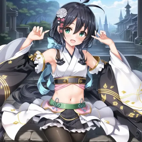 1girl, <lora:indoors_or_outdoors_last:1> ,<lora:Matumoto_v1:0.75>Matumoto,black hair,ahoge,long hair,hair ornament,white shirt,sleeveless, wide sleeves,miniskirt,(novel:1.5), black pantyhose,, <lora:flatBG:-0.45> ,<lora:flat2:-0.45>,(dark light:1.2),(hyper extreme detailed),(masterpeace),(hyper extreme),(photorealistic),game cg,llustration,novel illustration,beautiful lighting,light from the front,