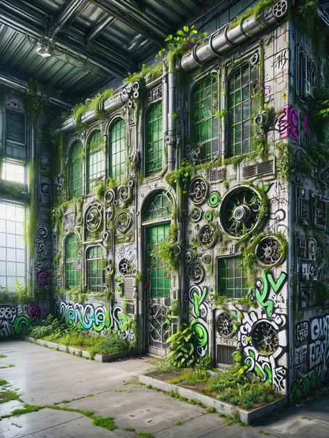 ais-postdyz abandoned hangar, transformed into a community center, walls adorned with vibrant graffiti, amidst a blend of tech and greenery <lora:After_Mech_Dyst:1>