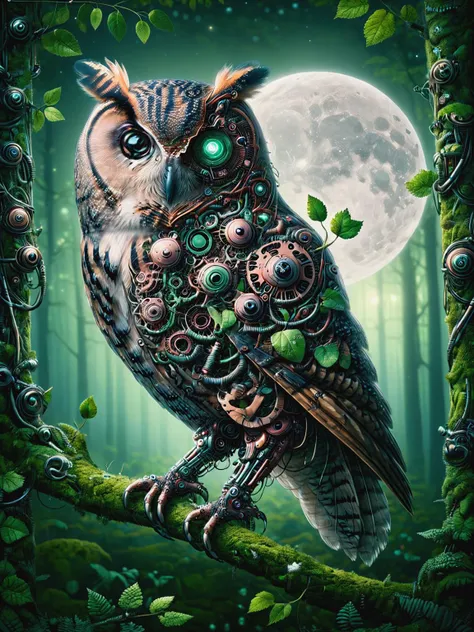 ais-postdyz owl, perched silently in a lively forest, eyes shining under moonlight filtered through leaves <lora:After_Mech_Dyst:1>