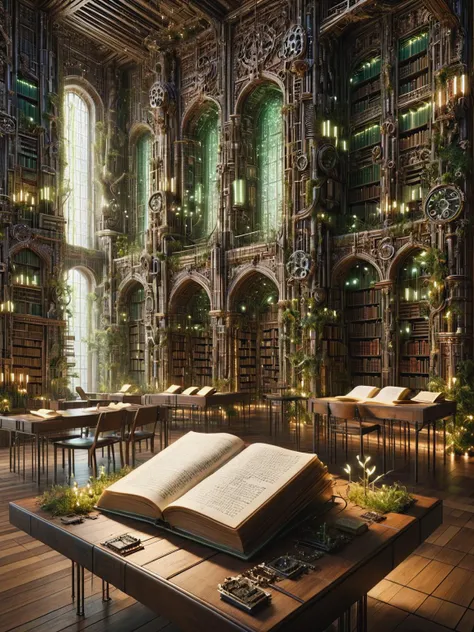 ais-postdyz library, where books blend with organic circuitry, illuminated manuscripts with softly glowing text, in a serene atmosphere <lora:After_Mech_Dyst:1>