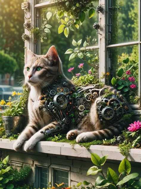 ais-postdyz cat, lounging on a garden-filled windowsill, watching the vibrant life of the city with observant, gleaming eyes <lora:Post_Mech_Dyst_SDXL:1>