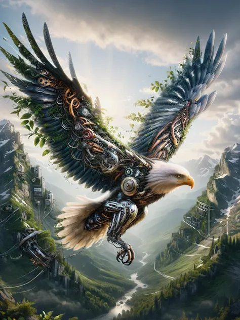 ais-postdyz eagle, gliding majestically over mountains with pockets of greenery, wings reflecting the sun's rays onto the terrain <lora:After_Mech_Dyst:1>