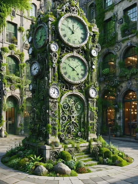 ais-postdyz clock, ticking harmoniously in a town square revived with greenery, under the watchful gaze of statues covered in moss <lora:After_Mech_Dyst:1>