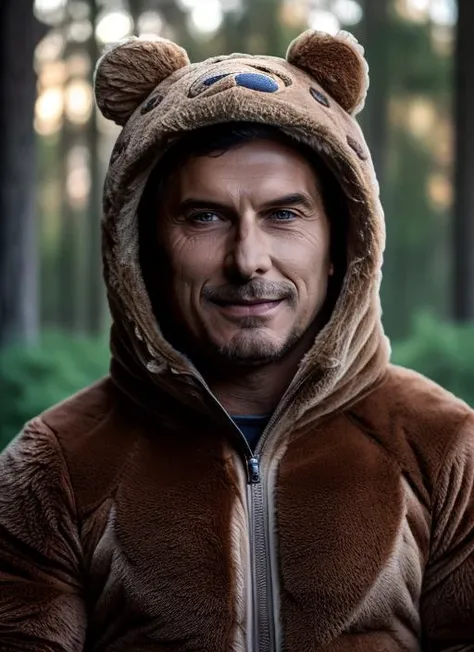 portrait of sks man (macri:1), dressed with detailed ((bear costume)), (outdoors:1.2), natural lighting, 4k, 8k, 8k realistic, sharp focus, intricate, high resolution <lora:macri:1>