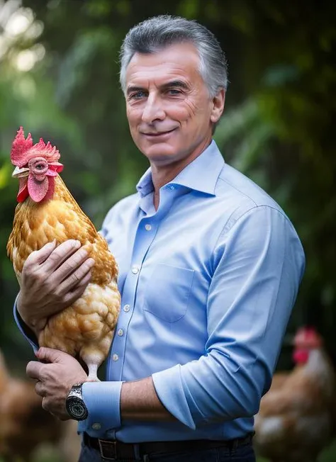 portrait of sks man (macri:1), with serious look with short hair, holding a (chicken in arms:1.3), (outdoors:1.2), natural lighting, 4k, 8k, 8k realistic, sharp focus, intricate, high resolution <lora:macri:1>