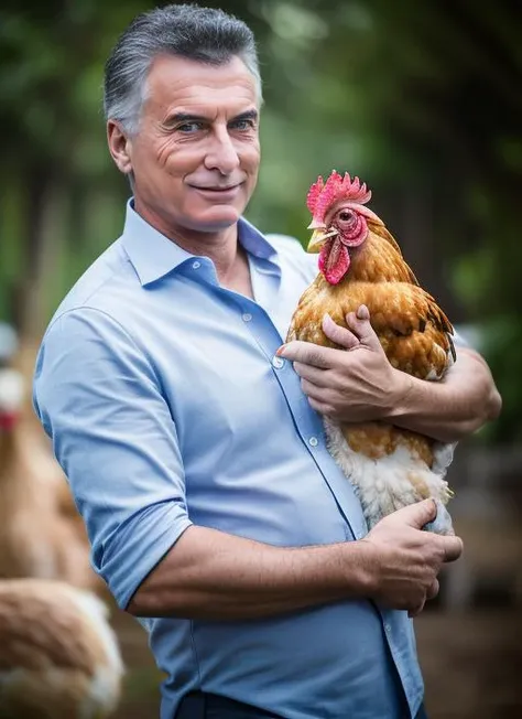 portrait of sks man (macri:1), with serious look with short hair, holding a (chicken in arms:1.3), (outdoors:1.2), natural lighting, 4k, 8k, 8k realistic, sharp focus, intricate, high resolution <lora:macri:1>