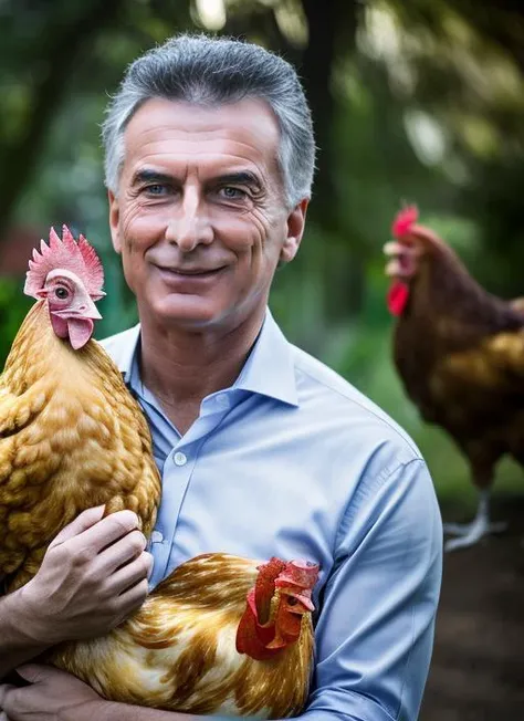portrait of sks man (macri:1), with serious look with short hair, holding a (chicken in arms:1.3), (outdoors:1.2), natural lighting, 4k, 8k, 8k realistic, sharp focus, intricate, high resolution <lora:macri:1>