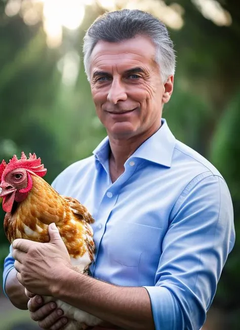 portrait of sks man (macri:1), with serious look with short hair, holding a (chicken in arms:1.3), (outdoors:1.2), natural lighting, 4k, 8k, 8k realistic, sharp focus, intricate, high resolution <lora:macri:1>