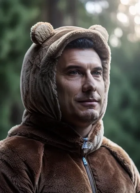 portrait of sks man (macri:1), dressed with detailed ((bear costume)), (outdoors:1.2), natural lighting, 4k, 8k, 8k realistic, sharp focus, intricate, high resolution <lora:macri:1>