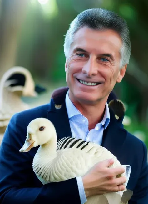 portrait of sks man (macri:1), smiling with very short hair, (suit of hello kitty:1), holding a (small goose:1.3), (outdoors:1.2), natural lighting, 4k, 8k, 8k realistic, sharp focus, intricate, high resolution <lora:macri:1>