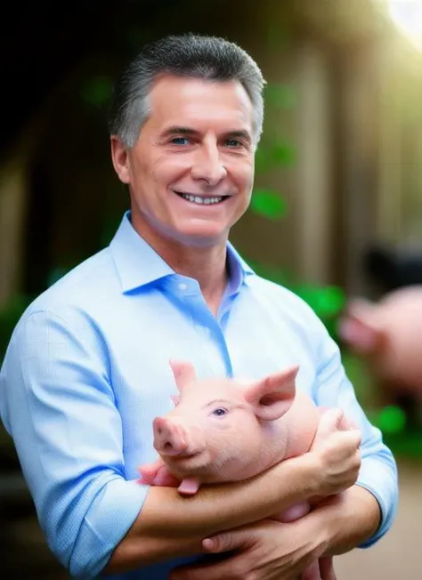 portrait of sks man (macri:1), smiling with very short hair, (suit of hello kitty:1), holding a (small pig in arms:1.3), (outdoors:1.2), natural lighting, 4k, 8k, 8k realistic, sharp focus, intricate, high resolution <lora:macri:1>