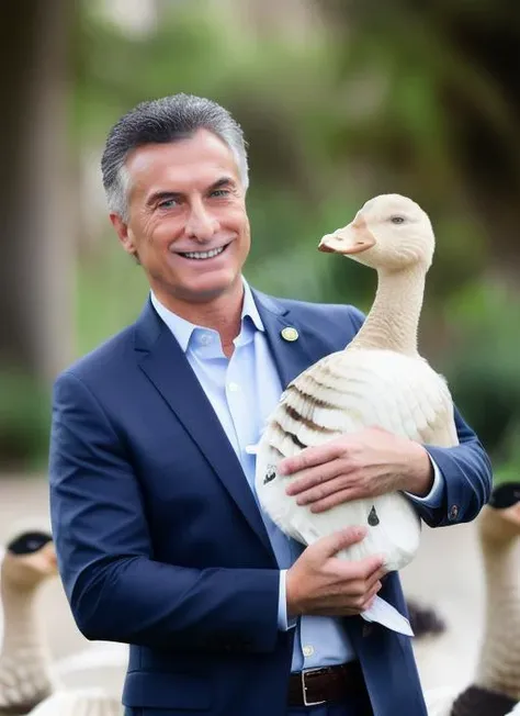 portrait of sks man (macri:1), smiling with very short hair, (suit of hello kitty:1), holding a (small goose:1.3), (outdoors:1.2), natural lighting, 4k, 8k, 8k realistic, sharp focus, intricate, high resolution <lora:macri:1>