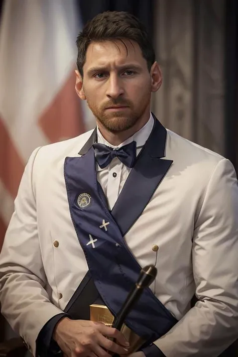 portrait of sks (man:0.0) (man:1.0) ((alberso):0.0) ((messi):1.0), serious look , formal clothing, argentinian flag, argentinian president, natural lighting, 4k, 8k, masterpiece, award winning, sharp focus, intricate, high resolution <lora:alberso:0.0> <lora:messi:1.0>