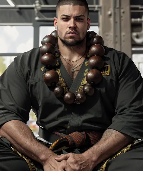 <lora:heavybeads-12:1>, (wearing heavybeads: 1.8), sitting in a factory, (realistic styled by karol bak : 1.4). german ethnicity boy, medium closeup of (a black belt judoka: 1.5).  in munich complex ornate background, sharp focus, masterpiece, (RAW photo, fashion: 1.3), intricate and detailed.