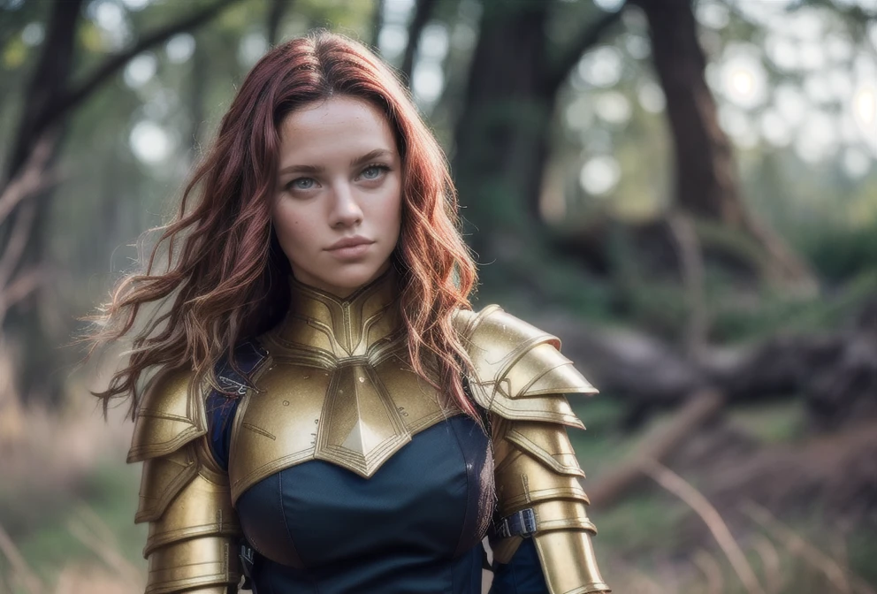 warrior, armor gold, skirt red, ((realism)), extremely high quality RAW photograph, ultra detailed photograph, sharp focus, high resolution, (detailed skin:1,3),high quality, film grain, Fujifilm XT3,Highly Detailed, movie,