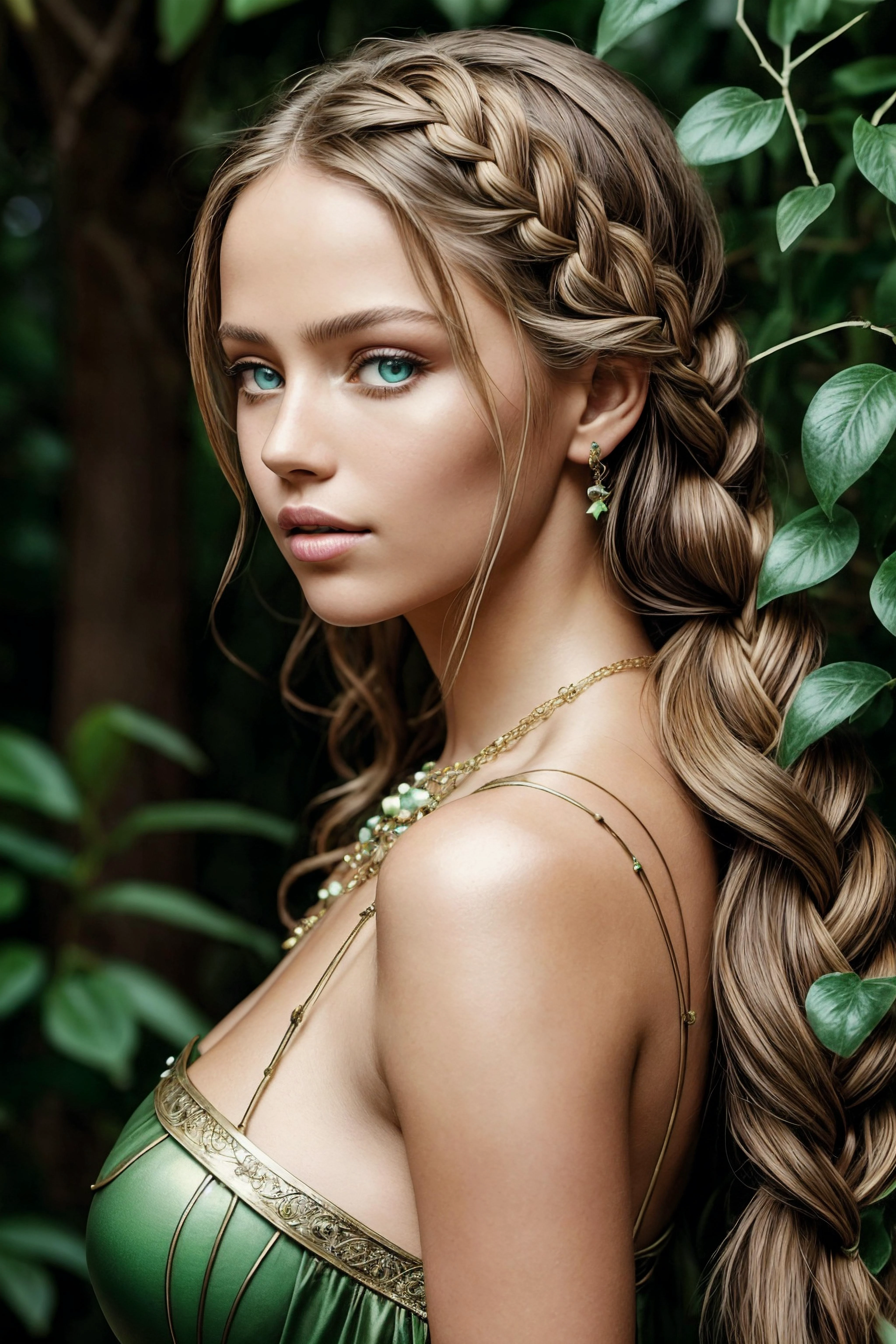 looking to the side, side view perspective, masterpiece, best quality, perfect angle, award winning, professional close-up photo of a sorceress, kristina pimenova : Audreyana Michelle : 0.3, detailed beautiful eyes, (rapunzel long braid hair) , (big breast, saggy breast), shiny skin, sharp focus, detailed, intricate, high quality, high resolution, natural light, hyper realistic, ethereal, mythic, magic, surreal, transparent, see-through, wearing an ancient greek goddess costume, emerald jeweled, golden necklace, haunted magical overgrown ancient ruins , photography by Brooke Shaden , photography by Steve McCurry, <lora:oil2.0_2-512-64:0.4> ,
