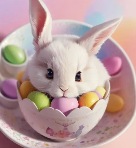 Beautiful animal,rabbit with dreamy eyes, volumetric light, hyper realistic, intricate detail, illustration, painting, watercolor, kawaii chibi, eating easter egg, Aww!, Shallow depth of field, pastel color palette, Soft Lighting, Minimalistic, Modern, Digital painting, art by lois van baarle and ross tran and artgerm, Trending on Artstation HQ, highly detailed