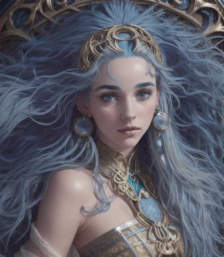 (Cinematic Photo:1.3) of (Ultrarealistic:1.3),(Embarrassing:1.3) woman with curly, skin pale texture pore, (blue hair:1.5) 1girl, (detailed face:1.1), best quality, ultra high res, (photorealistic:1.1), bare shoulders, solo focus, (full body:1.1), looking at viewer, hires, kodak grain, detailed skin, taken on iphone, instagram, (natural light:1.1), hyper realistic skin texture,Highly Detailed,(Art Nouveau:1.3),(Realism:1.3),(60s Art:1.3),naturalism,land Art,regionalism,shutterstock contest