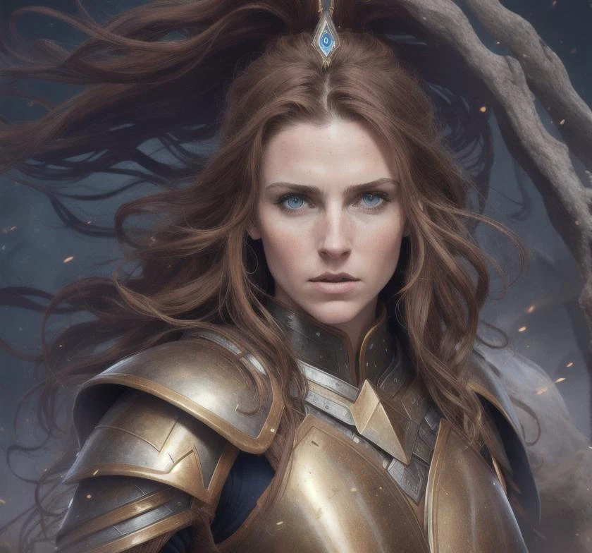 a photo, warrior woman ,hair brown, fantasy dress, realistic, hd, beautiful dress blue, realistic, half body shot, sharp focus, 8 k high definition, insanely detailed