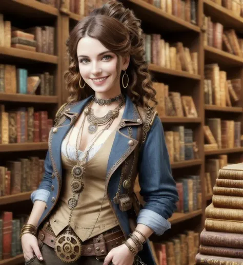 Steampunk, steampunk, smiling woman in a small bookstore, necklaces, earrings, bracelets, chains, shirts, vests, belts