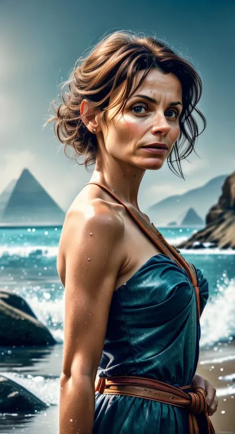MarciaCipher portrait, solo, (full body:0.6), looking at viewer, detailed background, detailed face, (<lyco:CulturePunkBundle-000007:0.5>, OldEgyptAI, ancient egyptian theme:1.1), (glowing eyes:1.05), elemental water wizard, surrounded by swirling water, <lora:waterVFX:0.4> controlling the water, fantasy hydromancer clothes, walking, concentrating, ethereal water, river in background, blue tones, shore, epic atmosphere, (masterpiece, best quality, high quality, highres, ultra-detailed), , Realism, Sunlight, Volumetric Lighting, Volumetric Light, Volumetric, super resolution, ultra hd, megapixel, Wide Shot, Hip Level Shot, Quarter Turn Camera Staging, From Front, From Side, "Late Fifties, 70-74 years old", "Mysterious, Enigmatic and Intriguing", "Beach: Sandy shores, ocean waves, and sunsets"