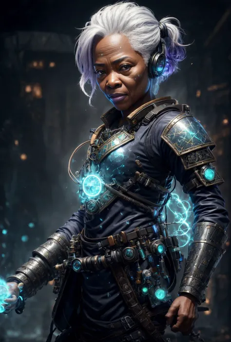 cinematic, (detailed:1.5), unparalleled magical energy, (very detailed CG unity 8k wallpaper), Post-Production, Intricate, concept art, highly detailed, (full body), 8k, mature, <lyco:add_detail:0.4>, <lora:colorfulart:0.1>, (mature old nigerian:1.3) woman, (skindentation:1.3), (detailed wrinkled face), silver eyes, white hair, ponytail, solo, half shot, looking down, detailed background, detailed face, (<lora:AlchemyPunkAI:0.6>, alchemypunkai theme:1.1), future soldier, scout, wearing blue battle-gear, gadgets, battle-worn equipment, headset, holographics, insignia, calm, dynamic pose, movement, plastic parts, :battlefield in background, storm, bloom, cinematic atmosphere,