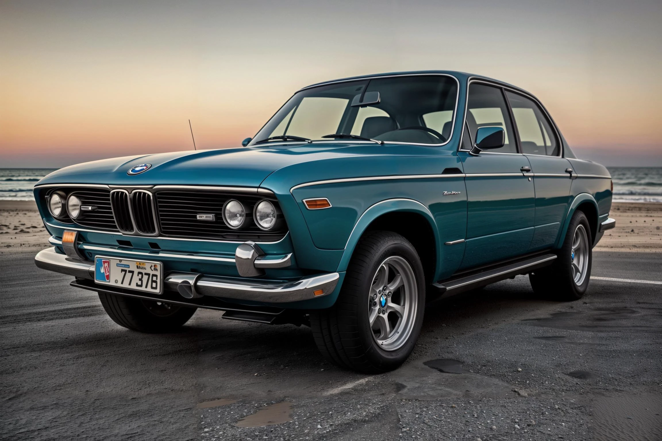 (raw photo, masterpiece, best quality, high detail), (8k, full frame, (far shot), photorealistic, realistic), front view, (bmw) zeekar beach parking lot, rust, <lora:zeekars:.4>