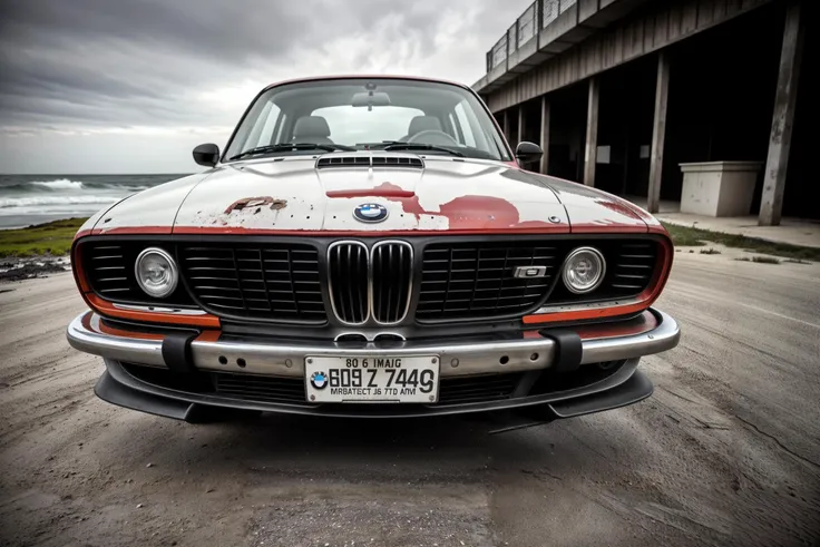 (raw photo, masterpiece, best quality, high detail), (8k, full frame, (far shot), photorealistic, realistic), front view, (bmw) zeekar beach parking lot, decayed, rust, damage, dented, <lora:zeekars:.4>