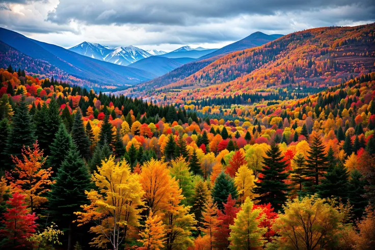 (raw photo, masterpiece, best quality, high detail), (8k, full frame, photorealistic, realistic), fall foliage in the white mountains, colorful trees