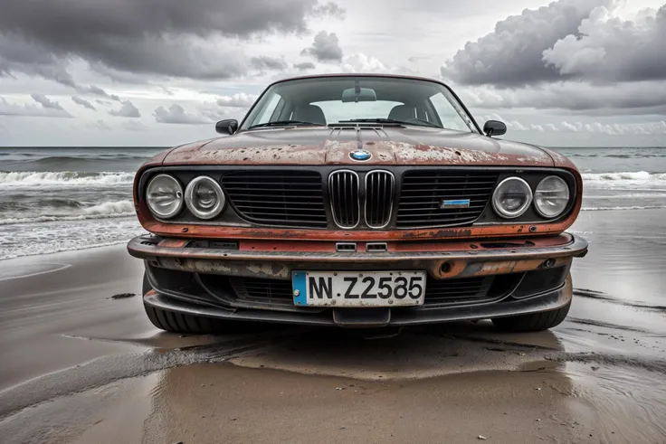 (raw photo, masterpiece, best quality, high detail), (8k, full frame, (far shot), photorealistic, realistic), front view, (bmw) zeekar at the beach, decayed, rust, damage, dented, <lora:zeekars:.4>