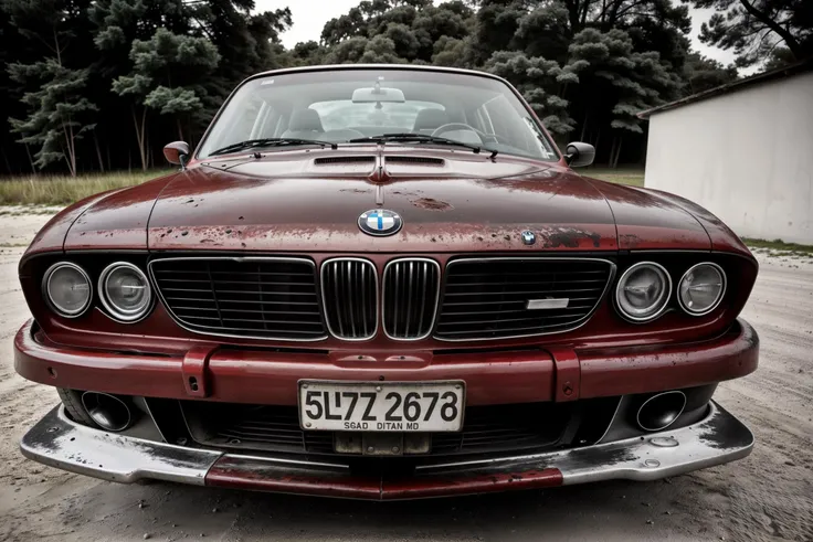 (raw photo, masterpiece, best quality, high detail), (8k, full frame, (far shot), photorealistic, realistic), front view, (bmw) zeekar beach parking lot, decayed, rust, damage, dented, <lora:zeekars:.4>