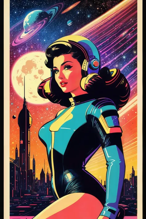 (retro poster, masterpiece, best quality, high detail), (retro art style, full frame, 1950s style, retro_future style, space_opera style), portrait photo beautiful pin_up (cyberpunk_style:1.2) space woman, full_size:1.9 poster, white border