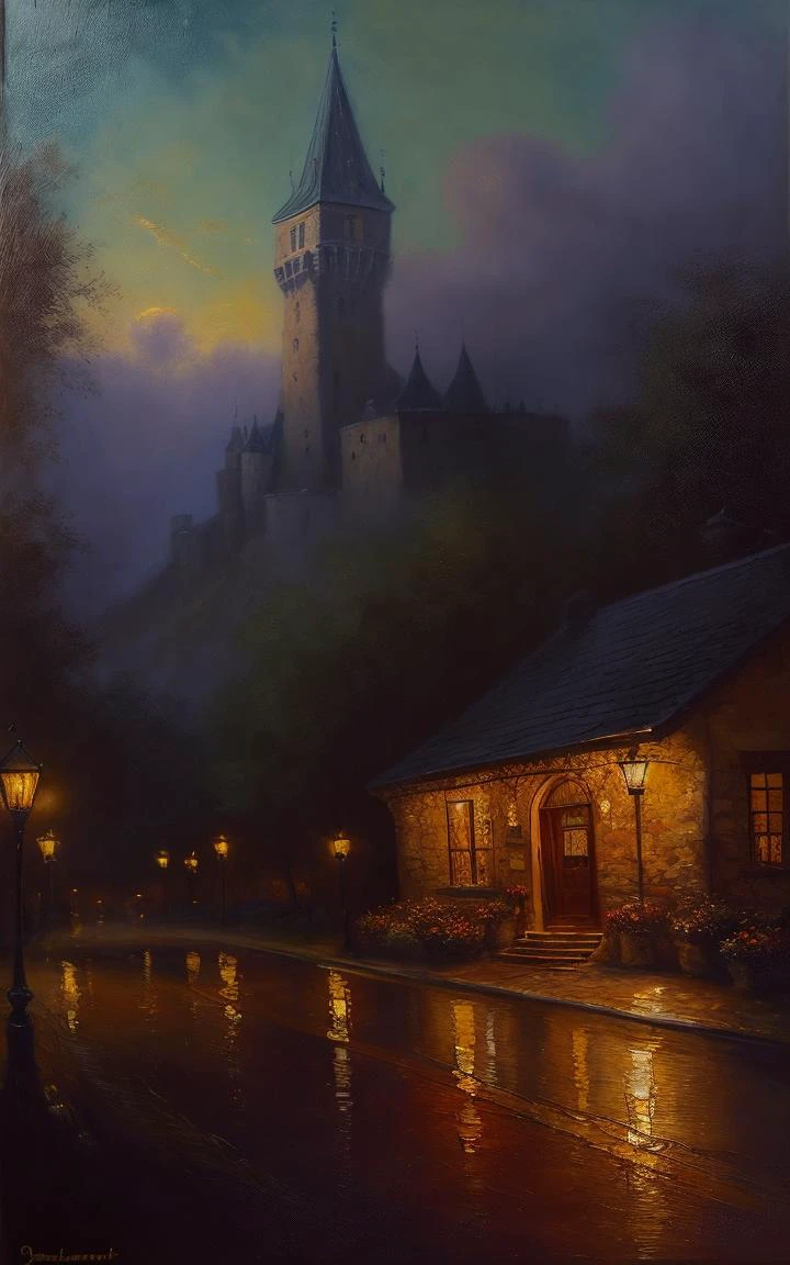 (distant view:1.3),(award-winning oil painting:1.3), (8k, oil painting, best quality:1.3), (realistic, oil-painting:1.1), A gorgeous and intricate castle in Cozy bakery, fresh pastries, warm aroma, inviting, charming, Portait of a (outdoors landscape:1.5), <lora:detailmaker:0.35> <lora:add_detail:0.75> <lora:LowRA_v2:0.6> <lora:to8contrast-1-5:0.4>, <lora:epi_noiseoffset2:0.8>, Rembrandt style