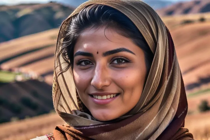 (modern Afghan woman, beautiful face, young woman, Afghan skin tone, typical Afghan female features:1.4), (very sharp photo:1.1), (8k, RAW photo, best quality:1.3), (realistic, photo-realistic, feminine, modest clothes:1.1), Rolling vineyards, picturesque hills, stone walls, vibrant greenery, idyllic, peaceful, Portait of a (smiling beautiful typical modern Afghan woman outdoors:1.5), analog style (look at viewer:1.2) (skin texture) (film grain:1.3), (warm hue, warm tone:1.2), close up, cinematic light, sidelighting, ultra high res, best shadow, RAW, upper body, wearing pullover, <lora:detailmaker:0.35> <lora:add_detail:0.75> <lora:LowRA_v2:0.6> <lora:to8contrast-1-5:0.4>, <lora:epi_noiseoffset2:0.8>