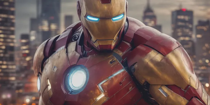 Cityscape landscape, portrait of Iron Man, style of Marvel, cinematic lighting, depth of field, bokeh, realism, photorealistic, hyperrealism, professional photography, uhd, dslr, hdr