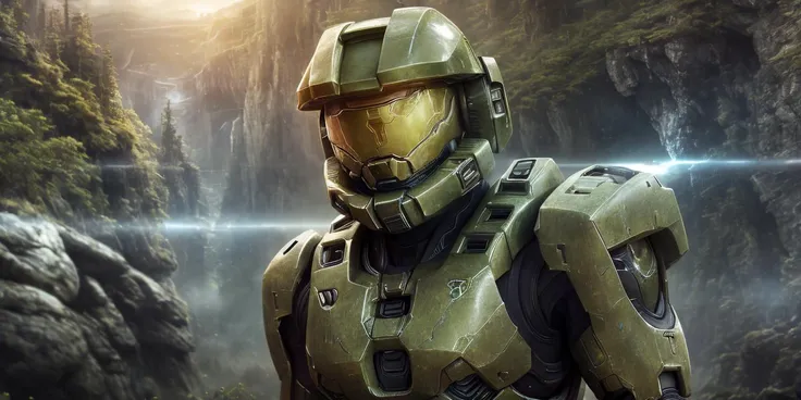 Futuristic landscape, portrait of Masterchief, style of Halo, cinematic lighting, depth of field, bokeh, realism, photorealistic, hyperrealism, professional photography, uhd, dslr, hdr