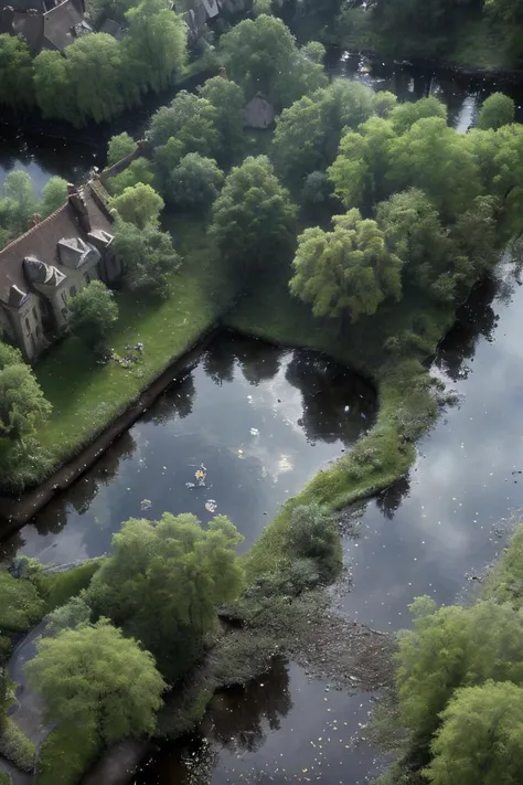 Unity Engine, top-down view of a Sophisticated "The Puddle of Life", tilt shift, specular lighting, art by Henri Matisse, cinematic lighting, depth of field, bokeh, realism, photorealistic, hyperrealism, professional photography, uhd, dslr, hdr, ambient occlusion, iris and pupil rendering, advanced color grading